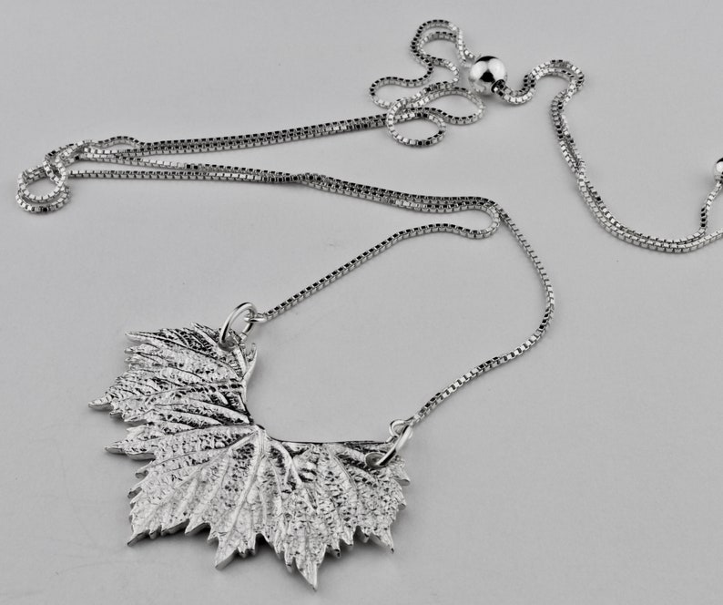 Fine Silver Artisan Grape Leaf Trio Long Adjustable Necklace by Carol Ann Bosek
