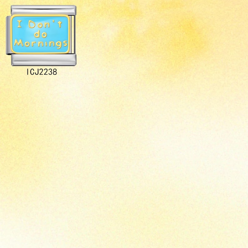 May include: A rectangular silver-toned charm link featuring a bright blue enamel inlay with the gold-colored text "I Don't do Mornings" printed on the surface. The item includes the alphanumeric code ICJ2238 printed in black below the charm.
