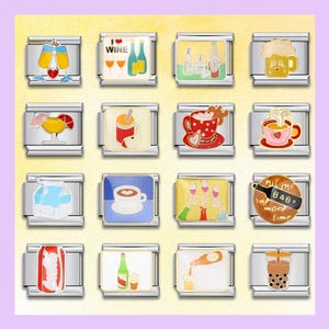 May include: A selection of silver charm bracelets with drink-themed designs. The charms depict wine, beer, coffee, cocktails, and other beverages. Some charms have text, including "I love wine" and "Baby one more time."