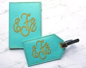Luggage tag and passport cover set - Faux Leather - Travel Accessories - Monogram Gift Initial Embroidered