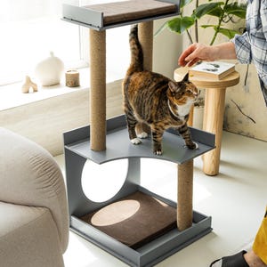 Eco-friendly cat scratcher, compact sisal cat scratching tower, handmade cat activity post with orthopedic cat bed, wooden cat tree