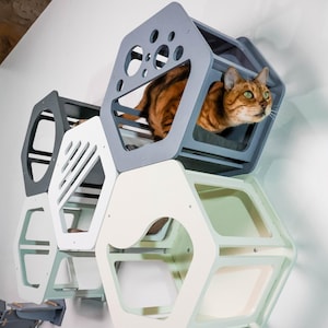 Handmade cat hexagon set, modern cat wall furniture, organic cat wall house, unique cat wall shelves, custom cat wall tunnel, cat owner gift