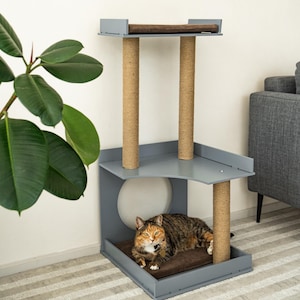 Durable handmade cat scratching tower, modern activity post with 3 scratchers, organic sisal post, orthopedic cat bed, stylish cat tree