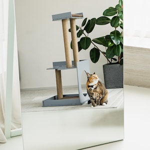 Unique cat activity post with 3 vertical scratchers, modern cat tower tree, handmade kitten scratch post, cat lover gift, cat play furniture