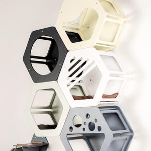 Modern wall cat playground, floating hexagonal cat shelves, wall mounted cat bed, modern cat furniture, handmade kitten wall house