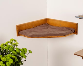 Corner Cat Shelf with Pillow, Wall Mounted Cat Bed, Plywood
