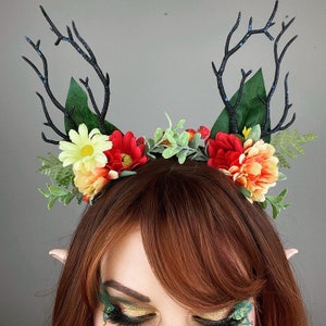 Summer Fae Antler Headband Red Yellow Flower Forest Nymph Headpiece image 2