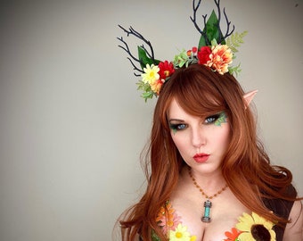 Summer Fae Antler Headband Red Yellow Flower Forest Nymph Headpiece