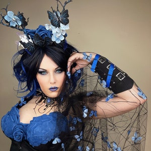 Black Butterfly Fae Antler Headband Blue Rose Fairy Forest Nymph Headpiece image 1