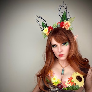 Summer Fae Antler Headband Red Yellow Flower Forest Nymph Headpiece image 1