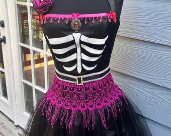 Day of the Dead hand painted dress Skeleton Ribs Halloween Prom Dress XS El Dia De Los Muertos Embellished Jessica McClintock Gunne Sax