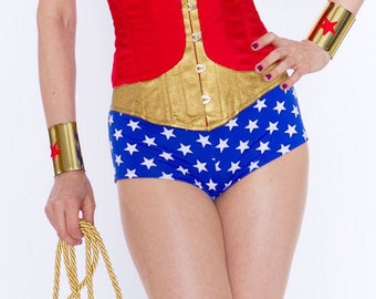 Wonder Woman style bottoms Star Print Boyshorts Briefs Blue White Lycra Cosplay Costume Swimwear S M L XL