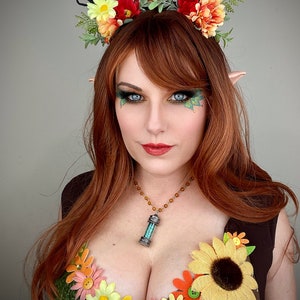 Summer Fae Antler Headband Red Yellow Flower Forest Nymph Headpiece image 6