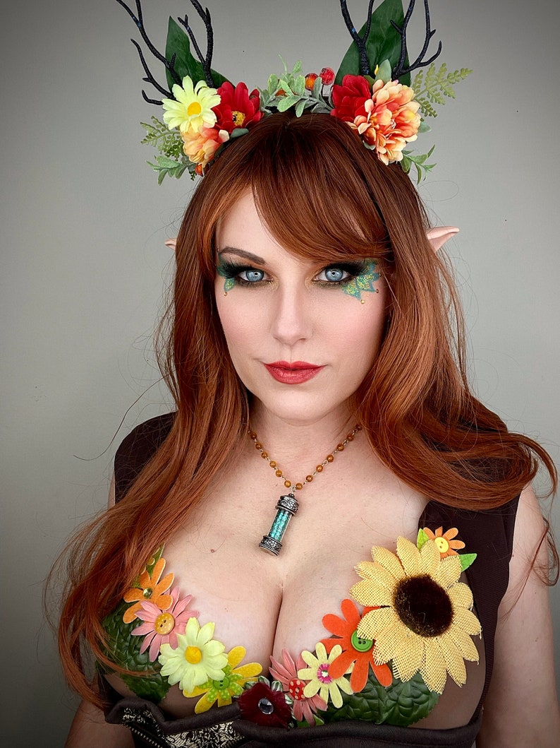 Summer Fae Antler Headband Red Yellow Flower Forest Nymph Headpiece image 6