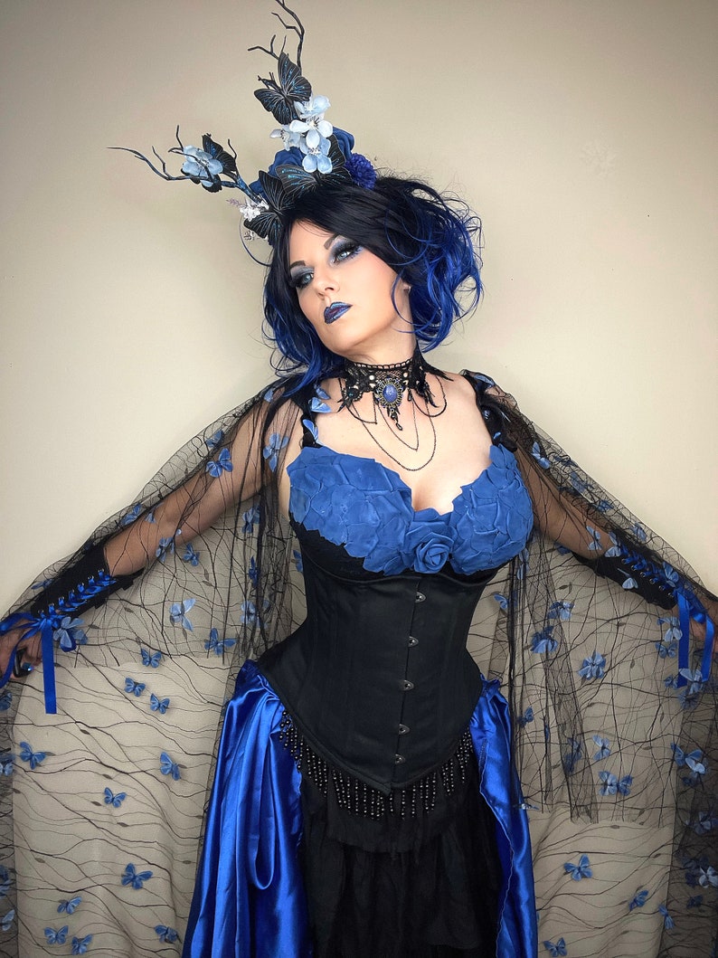 Black Butterfly Fae Antler Headband Blue Rose Fairy Forest Nymph Headpiece image 9
