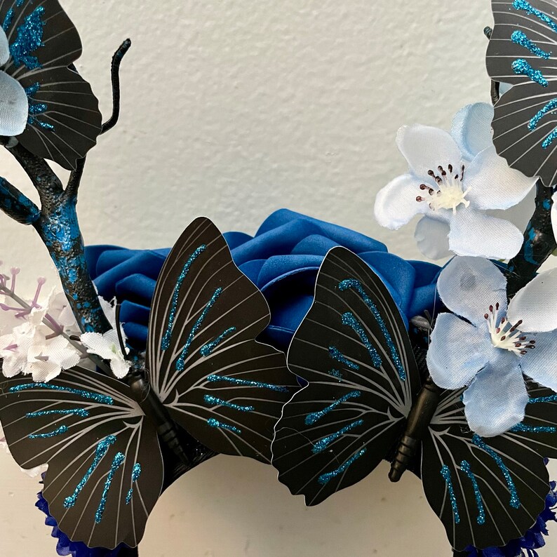 Black Butterfly Fae Antler Headband Blue Rose Fairy Forest Nymph Headpiece image 4