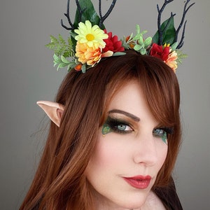 Summer Fae Antler Headband Red Yellow Flower Forest Nymph Headpiece image 7