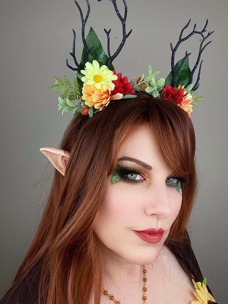 Summer Fae Antler Headband Red Yellow Flower Forest Nymph Headpiece image 7