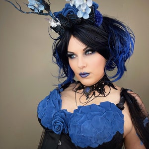 Black Butterfly Fae Antler Headband Blue Rose Fairy Forest Nymph Headpiece image 10