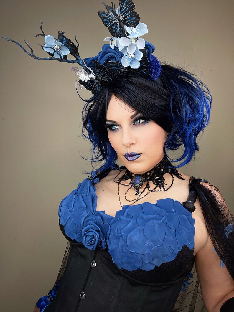 Black Butterfly Fae Antler Headband Blue Rose Fairy Forest Nymph Headpiece image 10