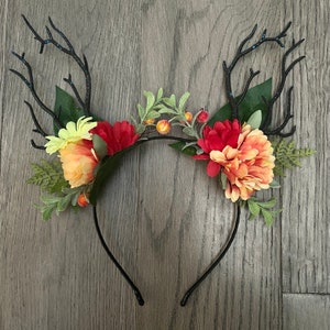 Summer Fae Antler Headband Red Yellow Flower Forest Nymph Headpiece image 4