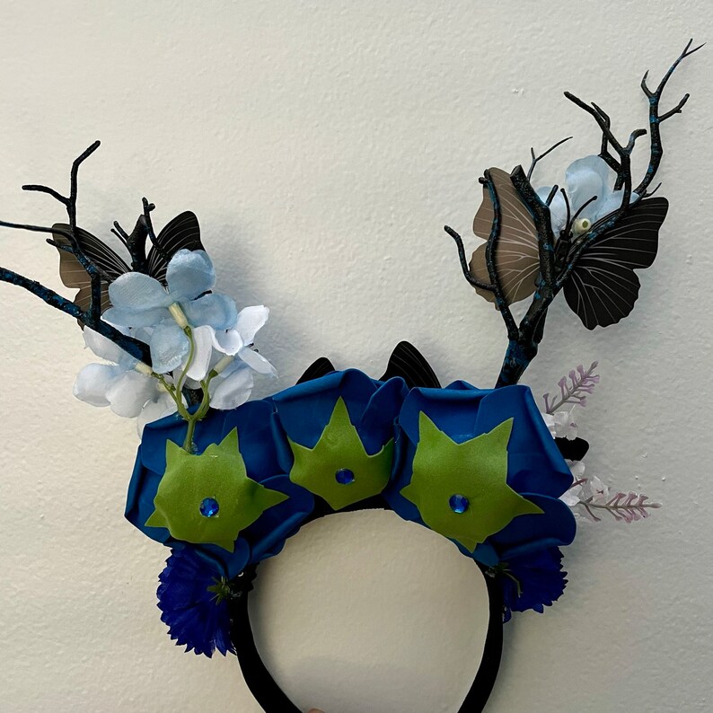 Black Butterfly Fae Antler Headband Blue Rose Fairy Forest Nymph Headpiece image 7