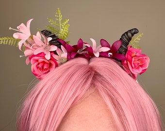 Cute Little Devil Horns with Pink Flowers on Headband, OOAK, demon horns, succubus