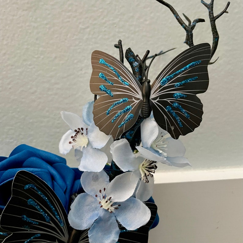 Black Butterfly Fae Antler Headband Blue Rose Fairy Forest Nymph Headpiece image 6