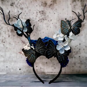 Black Butterfly Fae Antler Headband Blue Rose Fairy Forest Nymph Headpiece image 2