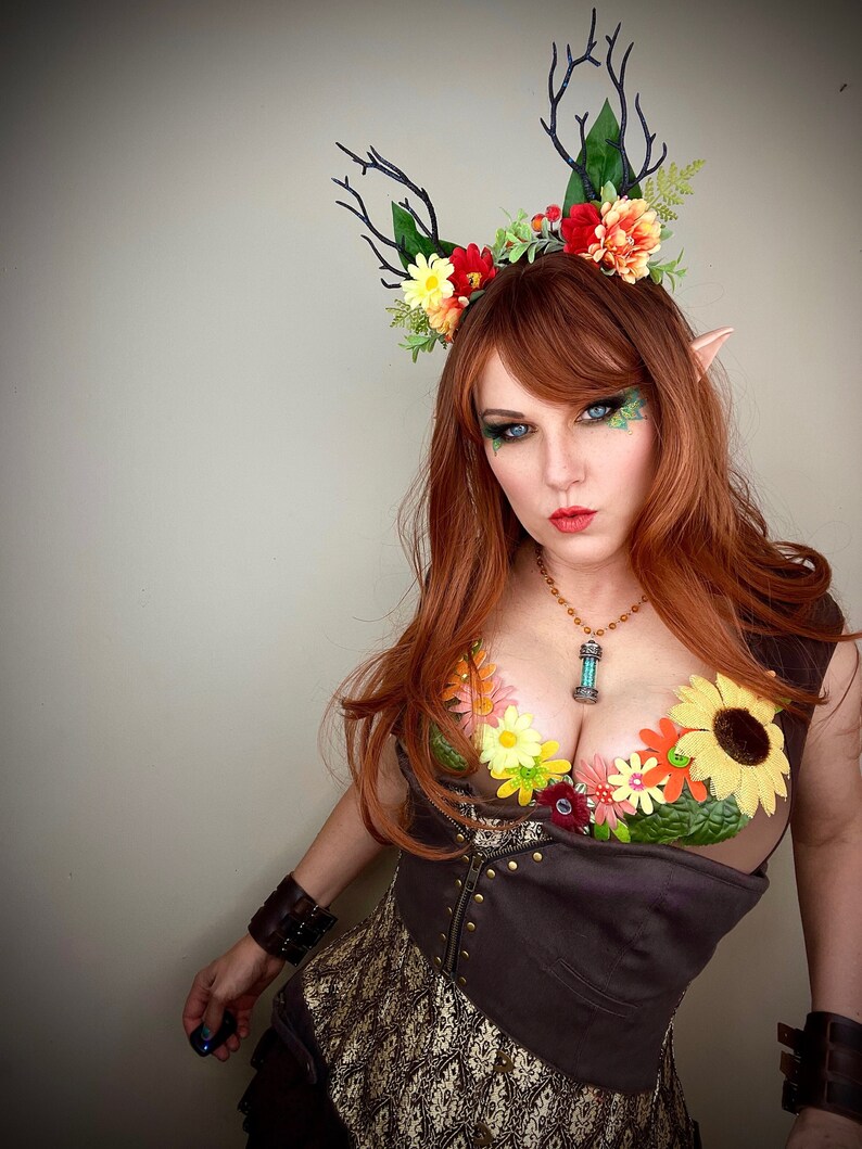 Summer Fae Antler Headband Red Yellow Flower Forest Nymph Headpiece image 1