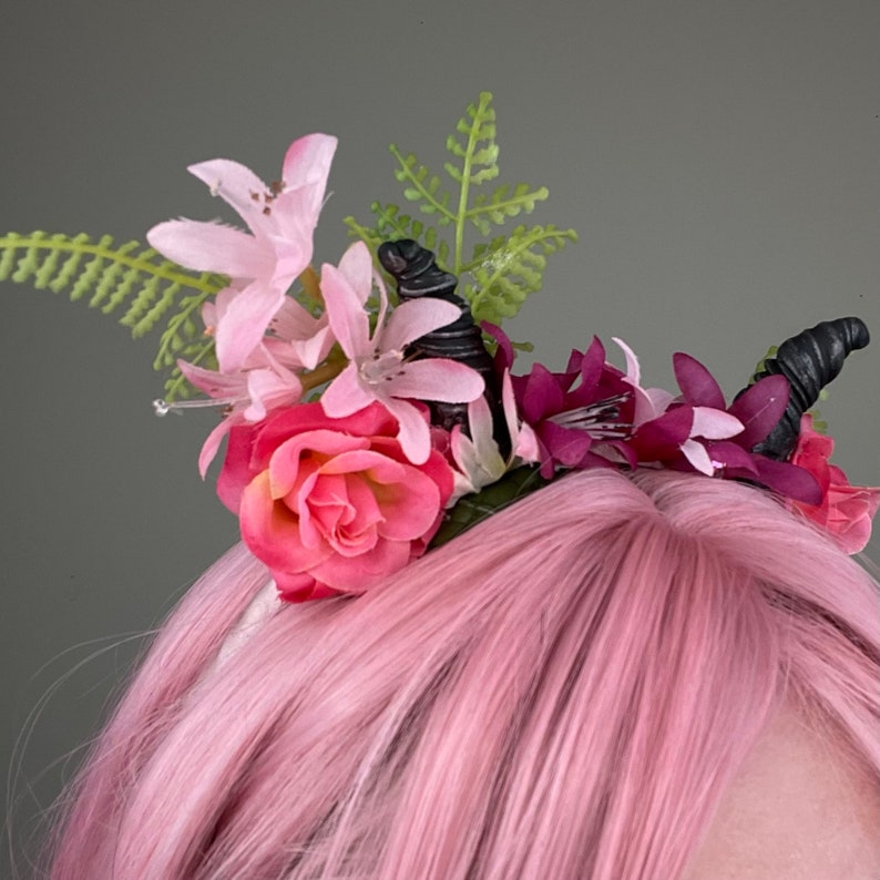 Cute Little Devil Horns with Pink Flowers on Headband, OOAK, demon horns, succubus image 4