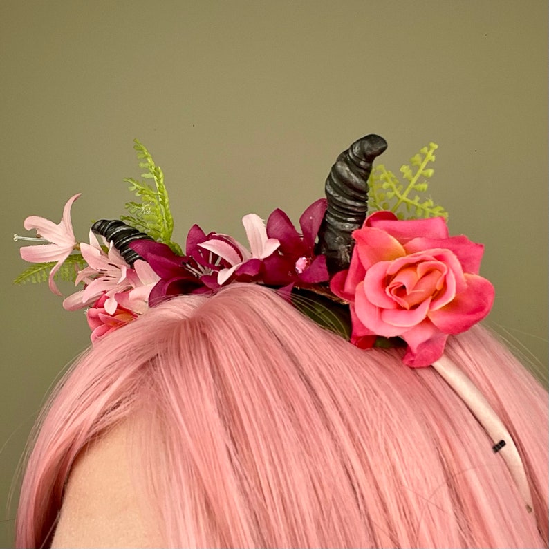 Cute Little Devil Horns with Pink Flowers on Headband, OOAK, demon horns, succubus image 7