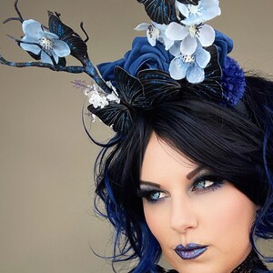 Black Butterfly Fae Antler Headband Blue Rose Fairy Forest Nymph Headpiece image 3