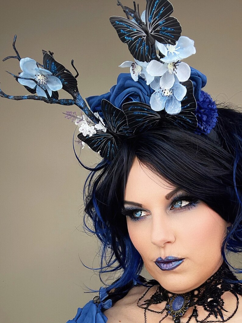 Black Butterfly Fae Antler Headband Blue Rose Fairy Forest Nymph Headpiece image 3