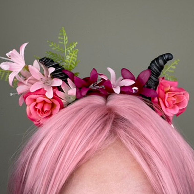 Cute Little Devil Horns with Pink Flowers on Headband, OOAK, demon horns, succubus image 8