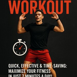 Könnte beinhalten: Bild eines Mannes in Sportkleidung mit dem Text "ONE AND DONE WORKOUT". Der Text lautet auch "QUICK, EFFECTIVE & TIME-SAVING: MAXIMIZE YOUR FITNESS IN JUST 7 MINUTES A DAY!" und "MAXIM FELDHINKEL". Eine Stoppuhr-Grafik ist ebenfalls vorhanden.