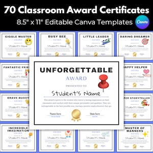 70 Student Award Certificates, Classroom End of Year Certificate Template, Most Likely to Awards, Class Awards, Student Gifts From Teacher