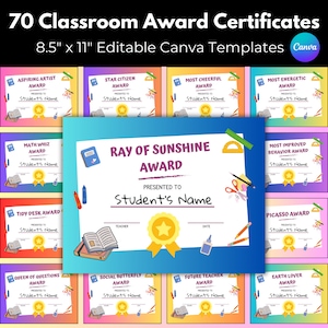 70 Student Award Certificates, Classroom End of Year Certificate Template, Most Likely to Awards, Class Awards, Student Gifts From Teacher
