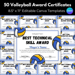 50 Volleyball Award Certificates Editable in Canva, School Volleyball Team End of Season Awards Prizes, Volleyball Team Party Award Ceremony