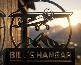 Letrero metálico personalizado para hangar de aviones, arte mural de aviación personalizado, decoración con nombre de piloto