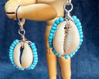 Maasai-Style Beaded Cowrie Shell Earrings | Haint Blue