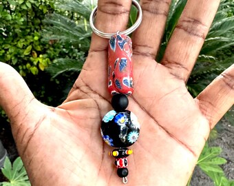 New African Trade Beads Keychain | Black + Red Millefiori