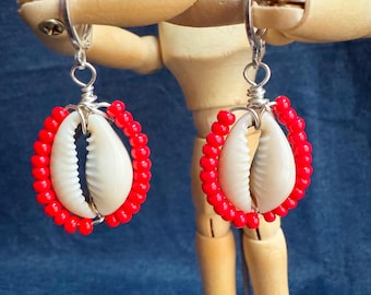 Maasai-style Beaded Cowrie Shell Earrings | Red