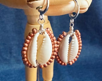 Maasai-style Beaded Cowrie Shell Earrings | Copper