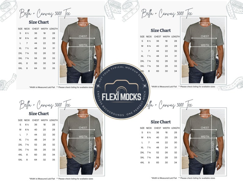 Men's BC3001 Size Chart Mockup XS to 5XL Mens Shirt Size Chart