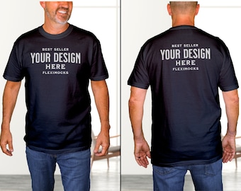 Nepmodel van echt model | Comfort Colors C1717 Zwart T-shirtmodel | Voor- en achterkant | C1717 Namaak | Eenvoudige esthetische mannelijke mock | C1717 gesplitst mock-up