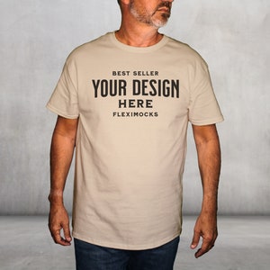 Male G500 Sand Tshirt Mock-Up | Gildan 5000 Mockup Sand | Real Model Mock | Lifestyle Mens Mock | Mens Tee Mockup | Casual Simple Mock