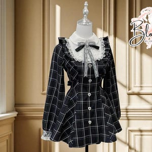 Plaid Lace Mini Dress | Gothic Lolita Ruffle Collar | Long Sleeve Button-Up Skater | Kawaii Bow Detail Outfit | Fairy Sweet Patchwork Look