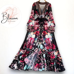 Bohemian Floral Maxi Dress | Long Sleeve Tiered Gown | V-Neck Flowing Outfit | Elegant Casual Boho Style | Comfortable Party Wear for Women