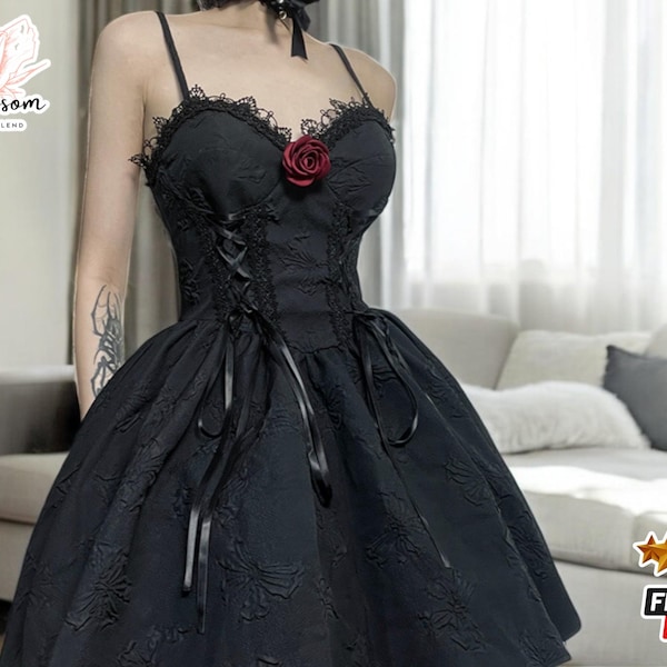 Gothic Lace Dress with Floral Jacquard and Lace Overlay
